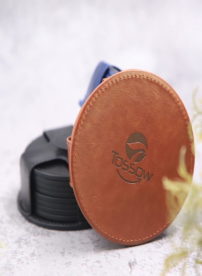 T TOSSOW TOSSOW PU Leather Coaster 8 Pcs with Holder, Durable and Non-Slip Coaster for Protection Tabletop, Wooden Table, Desk, Bar, Coasters Fit All Cups (Brown) - Image 5